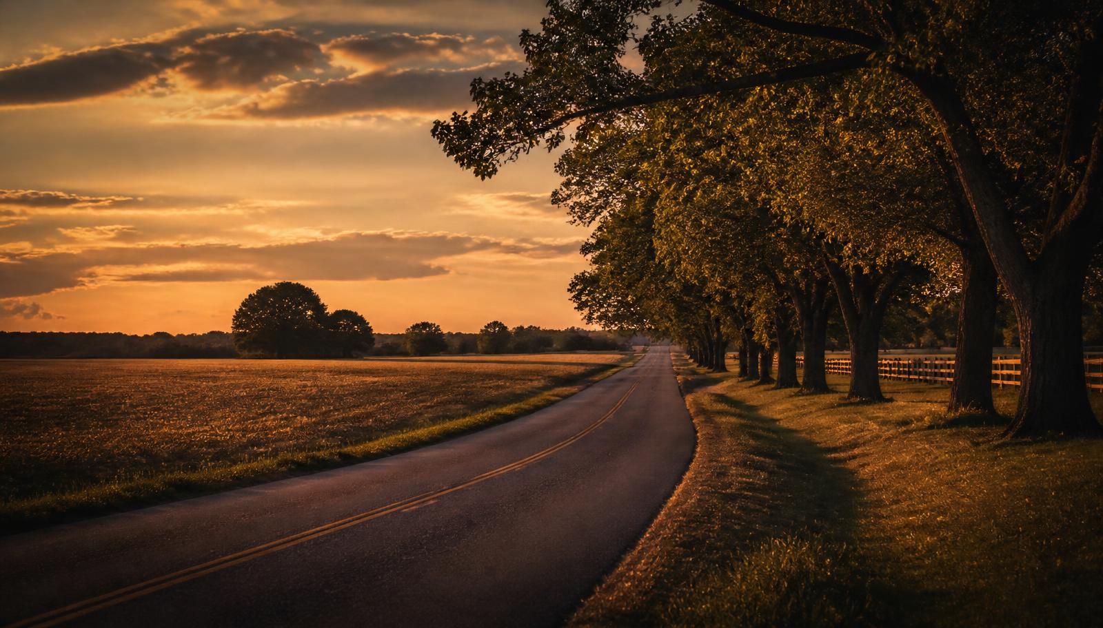 A quiet country road through Talbot County farmland at sunset